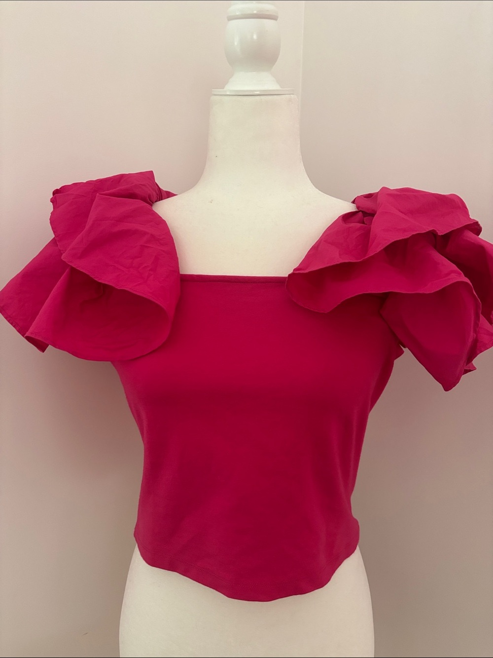 Sunday in Brooklyn Fuchsia Ruffle Off-Shoulder Crop Top